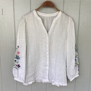 Anthropologie 100% LINEN peasant shirt button down TOP